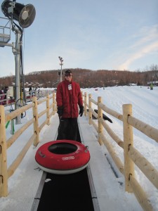 Hubby takes the magic carpet ride at Mountain Creek's tubing area. This is after he steadied himself. Copyright Deborah Abrams Kaplan