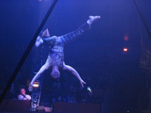 Zhang Pan rests on a slack wire - on his head. Copyright Deborah Abrams Kaplan