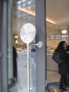 The lollipop handled entrance to Sugar and Plumm. Copyright Deborah Abrams Kaplan