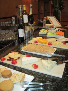 Complementary afternoon wine and cheese daily at the Hotel Giraffe's lobby. Deborah Abrams Kaplan