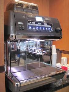 The lobby coffee machine at Hotel Giraffe. It included decaf capuccino and lattes as well. Copyright Deborah Abrams Kaplan