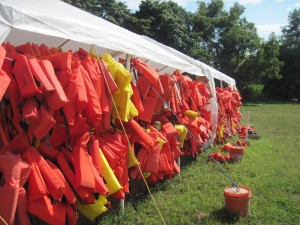 Getting life jackets before tubing the Delaware. Copyright Deborah Abrams Kaplan