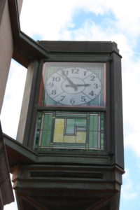 A clock on the main street in Corning.